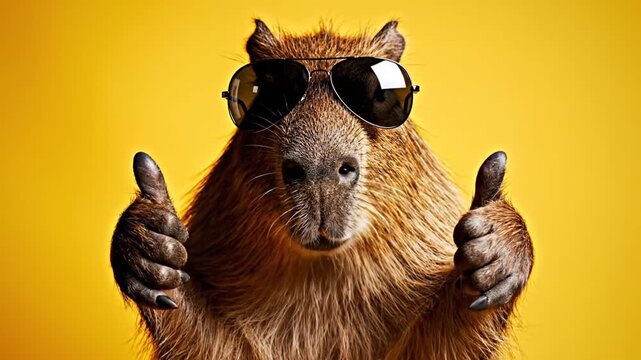 Cool capybara wearing trendy sunglasses on a vibrant yellow studio background