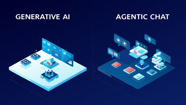Isometric illustration depicting generative ai and agentic chat concepts with digital interfaces