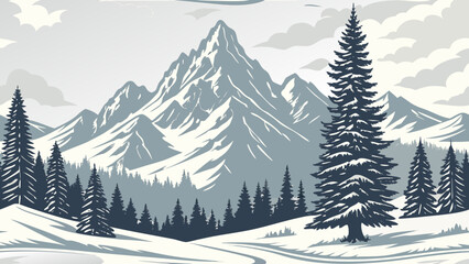 Fototapeta premium Snowy mountain landscape, winter forest scene, pine trees, snowy peaks, vector illustration