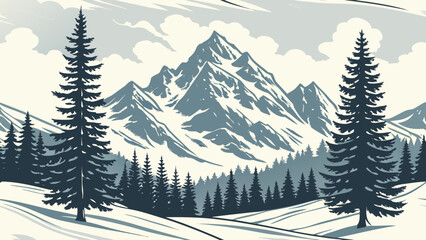 Fototapeta premium Snowy mountain landscape, winter scenery, vector illustration, blue and white colors