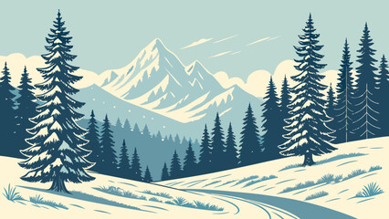 Fototapeta premium Winter landscape, snowy mountains, pine forest, vector illustration, scenic view