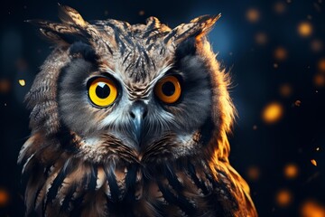 Naklejka premium Owl with large orange eyes looking directly forward, surrounded by bokeh lights