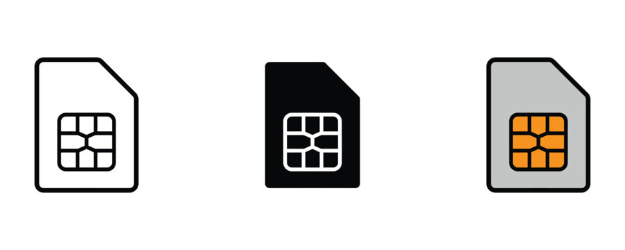 Mobile SIM card and digital cellular connection icon set. Phone network microchip and telecommunication subscriber identity module. Vector Illustration.