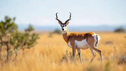 Naklejka premium Pronghorn antelope standing in a field of tall dry grass