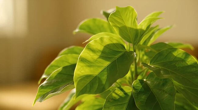 lush green plant with broad leaves basking in warm sunlight indoors