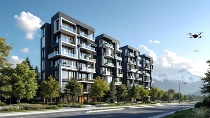 Obraz premium modern apartment buildings with drone flying overhead