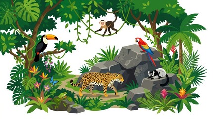 Obraz premium Tropical jungle with exotic animals.