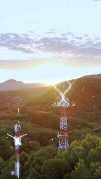 Vertical of Radio masts in dense jungle with graphic radio waves highlighting EMF radiation exposure health risk concern concept