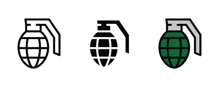 Military hand grenade explosive weapon icon set. Tactical fragmentation grenade for combat and defense. Vector Illustration.