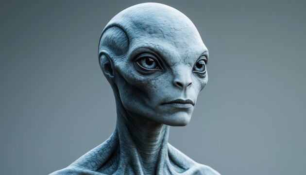 a blue-skinned alien with large eyes. This alien has a humanoid form and a stern expression, showcasing a unique and distinct appearance.