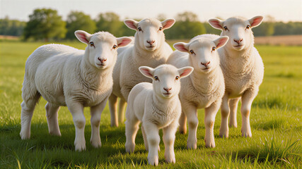 Obraz premium A group of adorable fluffy sheep standing in a lush green meadow on a sunny day