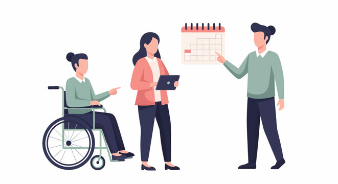 Diverse team collaborating on project with calendar and tablet.