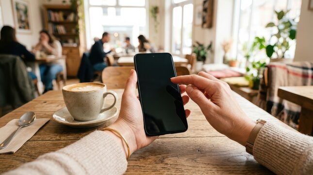 Hands using smartphone with black screen beside coffee cup in cafe