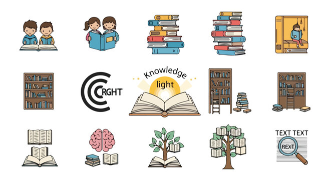 Flat lay of World Book and Copyright Day themed illustrations featuring books, knowledge, and literacy icons on a clean white background