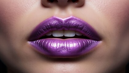 Fototapeta premium a close-up of a woman's lips with vibrant purple lipstick. The woman's lips have a glossy finish that enhances the purple hue and highlights her smile.