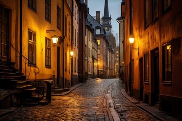 Fototapeta premium Old town street at twilight illuminated by warm glowing lanterns