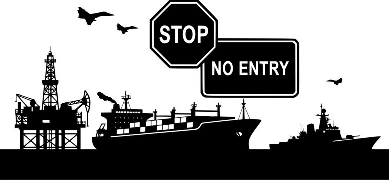 Strait of Hormuz Closed vector illustration depicting an oil rig, cargo ship, warship, and fighter jets with 'STOP' and 'NO ENTRY' signs, symbolizing maritime blockade and geopolitical tension