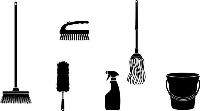 Collection of cleaning tools icons including brooms, brushes, and mop for household chores
