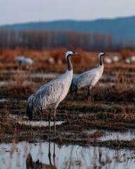 Naklejka premium Cranes gather at sunset by the tranquil wetland