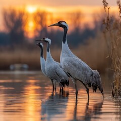 Naklejka premium Cranes wading in calm waters at sunset glow