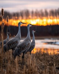Naklejka premium Graceful cranes silhouetted against a vibrant sunset