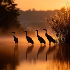 Naklejka premium Graceful cranes dance at sunset by the serene lake
