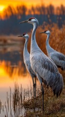 Naklejka premium Cranes basking in the golden glow of sunset