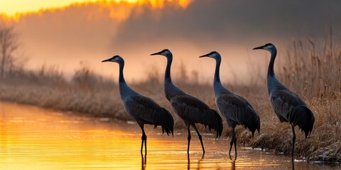 Naklejka premium Cranes stand still at dawn by the shimmering water