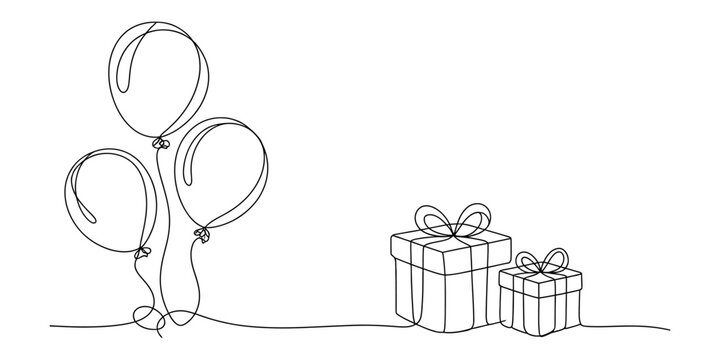 Minimalist continuous line art drawing of party balloons and gift boxes for a celebration