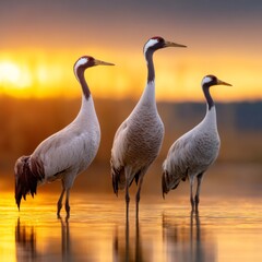 Naklejka premium Cranes stand gracefully at sunset near the tranquil water