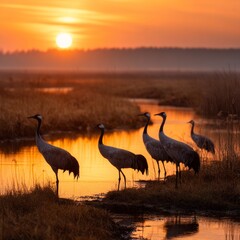 Naklejka premium Cranes silhouetted against a stunning sunset sky