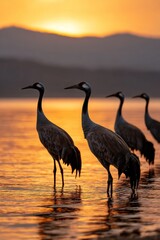 Naklejka premium Elegance of cranes at sunset by the serene lake