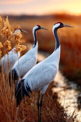 Naklejka premium Cranes stand tall in golden sunset glow by the stream