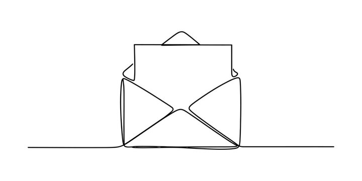 Continuous line drawing of an open envelope with a letter inside on a white background.
