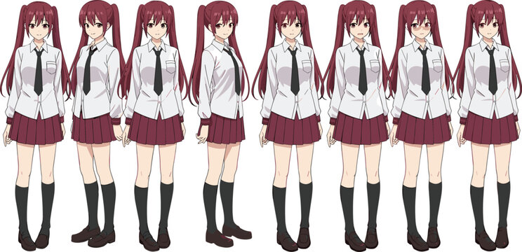 Anime schoolgirl character sprite sheet with red hair pigtails school uniform various facial expressions and standing poses for game design