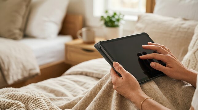 Hands using tablet with folio case on bed