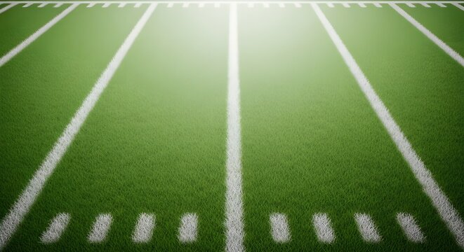 Vibrant green american football field viewed from a low angle showing white yard lines and bright