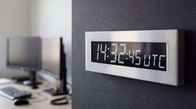 Digital clock displaying time in UTC on office wall with computers in background