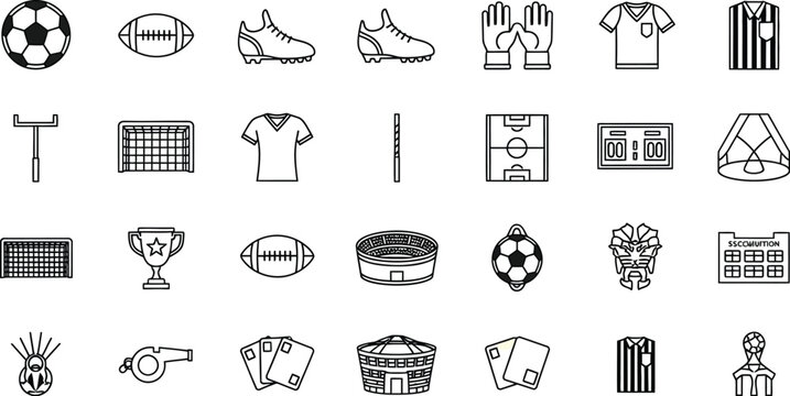A collection of monochrome line icons depicts various essential elements related to football and sports officiating equipment.