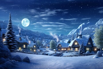 Obraz premium Cozy houses covered in snow with smoke rising from chimneys during a clear, starry night