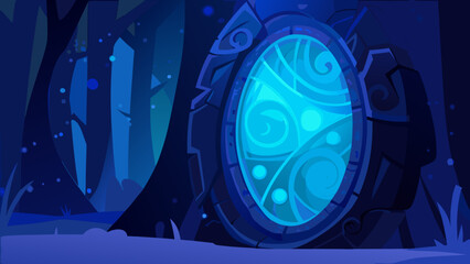Mystical portal glows with bright blue energy amidst a dark forest scene © MINA