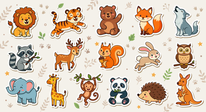 Cute wild animals cartoon characters stickers set. Kawaii forest, jungle and savannah wildlife illustrations clipart. Vector art.
