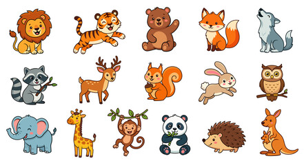 Fototapeta premium Cute wild animals cartoon illustrations stickers set. Kawaii forest, jungle and savannah wildlife clipart