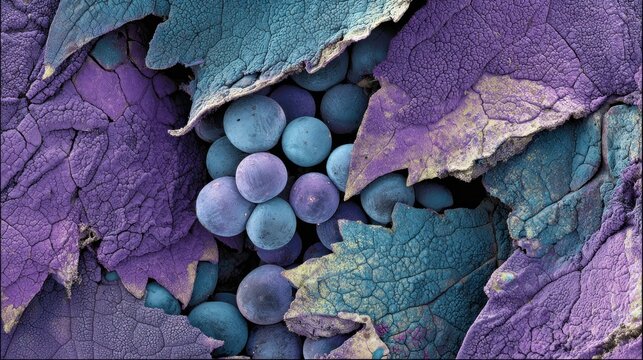 Close up of grapes with leaves in shades of purple and teal colors