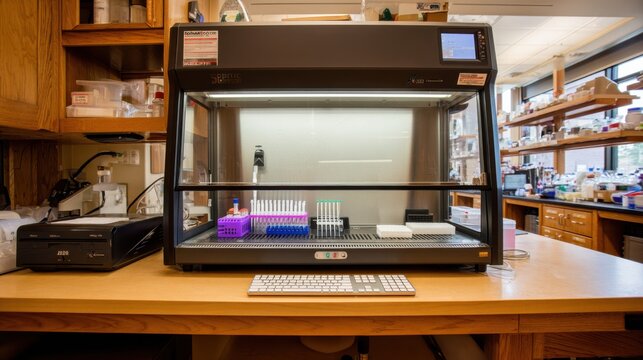 qPCR workstation enclosure showcasing realtime PCR thermal cycler and pipettes in a clean organized layout with the surrounding lab area blurred for equipment prominence.