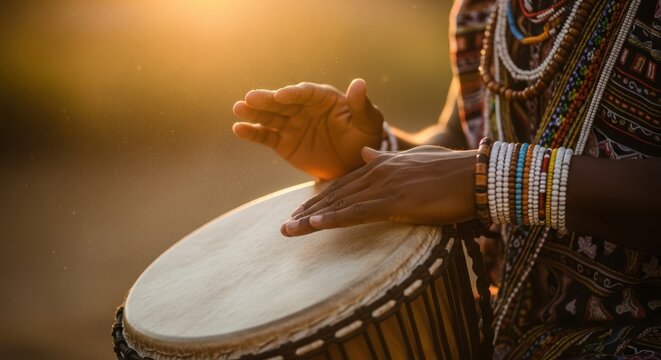 Close-up of a person's hand playing a djembe drum outdoors at sunset