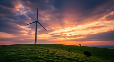 Obraz premium Majestic wind turbine stands tall on a lush green hill against a dramatic sunset sky with sun rays breaking through clouds symbolizing renewable energy and environmental sustainability