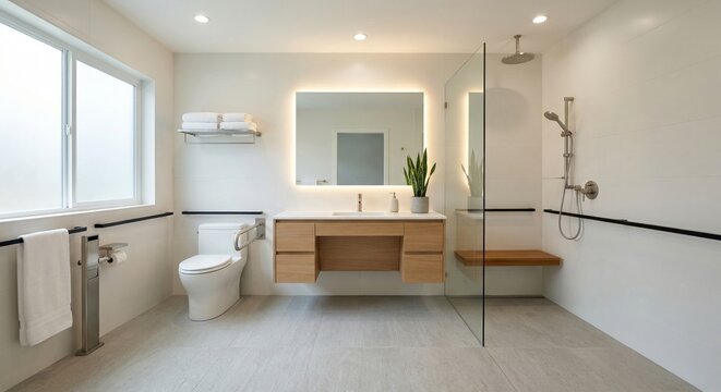 Bathroom interior design with modern minimal style and grab bars for accessibility
