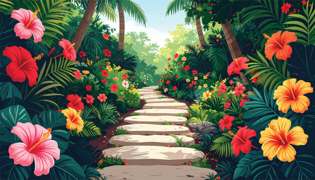 Tropical garden path lined with hibiscus, palms, and lush foliage. Exotic walkway through vibrant jungle flowers and sunny greenery. Bright botanical trail featuring red blooms and layered leaves