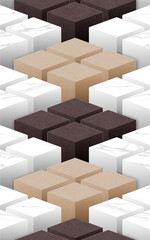 Fototapeta premium Modern 3D isometric geometric pattern with marble and wood texture blocks. Abstract background for wall tiles, flooring, and interior design. Minimalist architectural surface illustration.